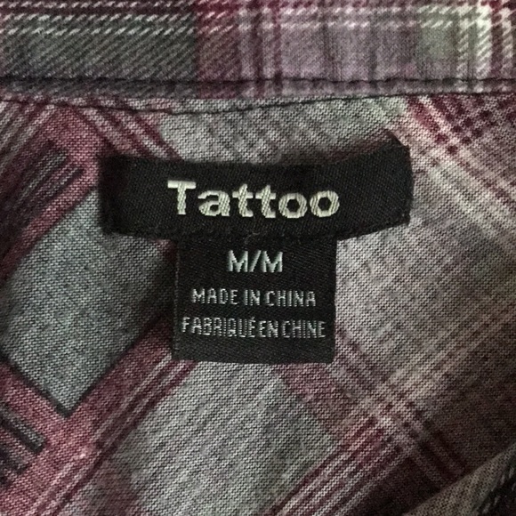TATTOO PLAID Purple, Grey & Black High Low stretchy button up Long Sleeve Top - Picture 6 of 7